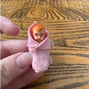 Vintage Miniature Swaddled Baby Doll Tiny Novelty Toy Collectible doll house
